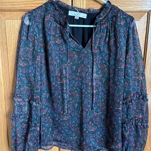 LOFT Blue Green Tie Front Blouse 3/4 Sleeve